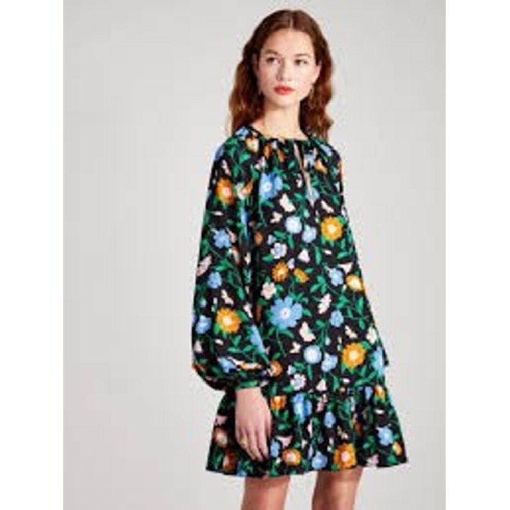 Kate Spade New York Spring Floral Garden Tulip Dress Black Size 6 Long Sleeve